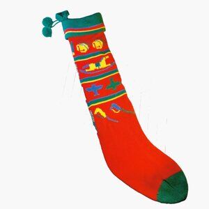 Colorful Knit Christmas Stocking Airplane Bells Rocking Hobby Horse Designs